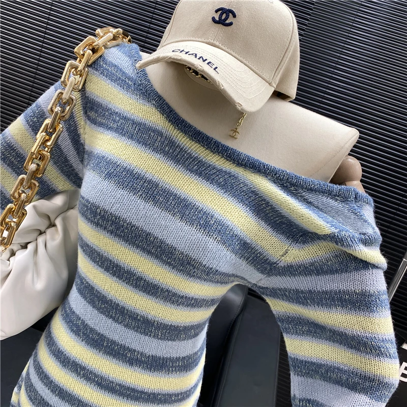 New 2022 fashion Designer new style Famous brand Large neckline open back sexy slim long sleeve horizontal stripe knitted dress