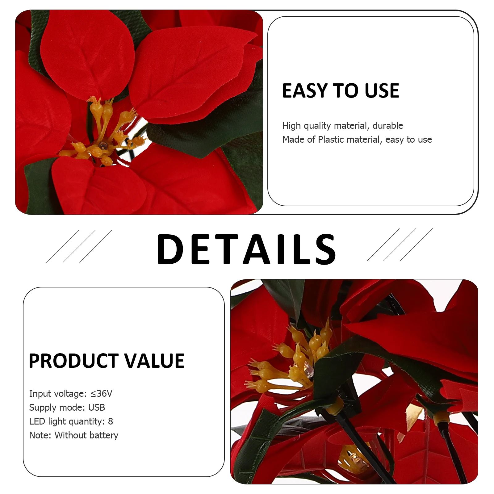 

1Pc Artificial Poinsettia Tree Lamp Practical USB Powered Xmas Valentine's Day Scene Lamp Decor Warm Red Flower Light
