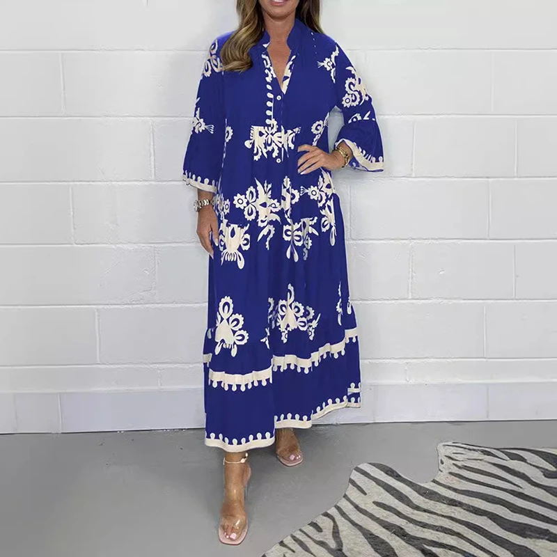 Vestidos Women\'s Printed Loose Ethnic Retro Dress Spring V Neck Button A-Line Long Dress Summer 3/4 Sleeve Bohemian Maxi Dresses