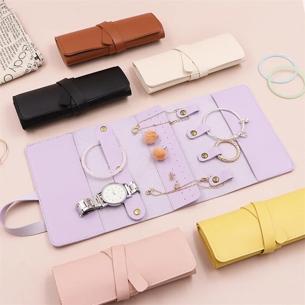 Portable Jewelry Storage Bag PU Leather Necklace Organizer Roll Bags Foldable Earring Ring Gifts Pouch for Women Girls Travel