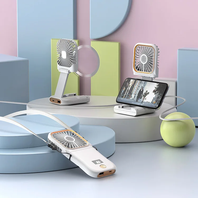 Handheld Small Fan Digital Display Folding Outdoor Portable Usb Power Bank Mobile Phone Holder Mini Fan