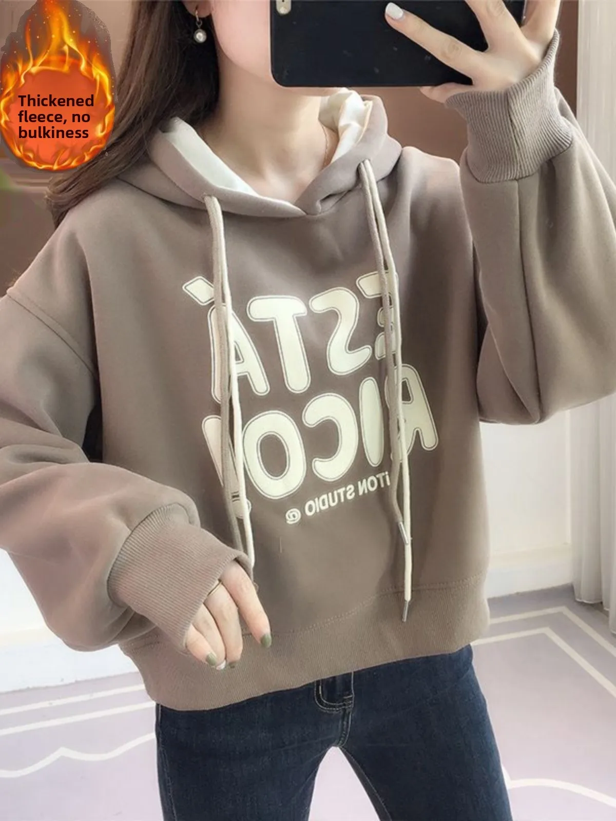 

Женская толстовка с капюшоном на флисовой подкладке, утепленная, с надписью, повседневная, свободного кроя, зимняя, новая модная, антивозрастная верхняя одежда