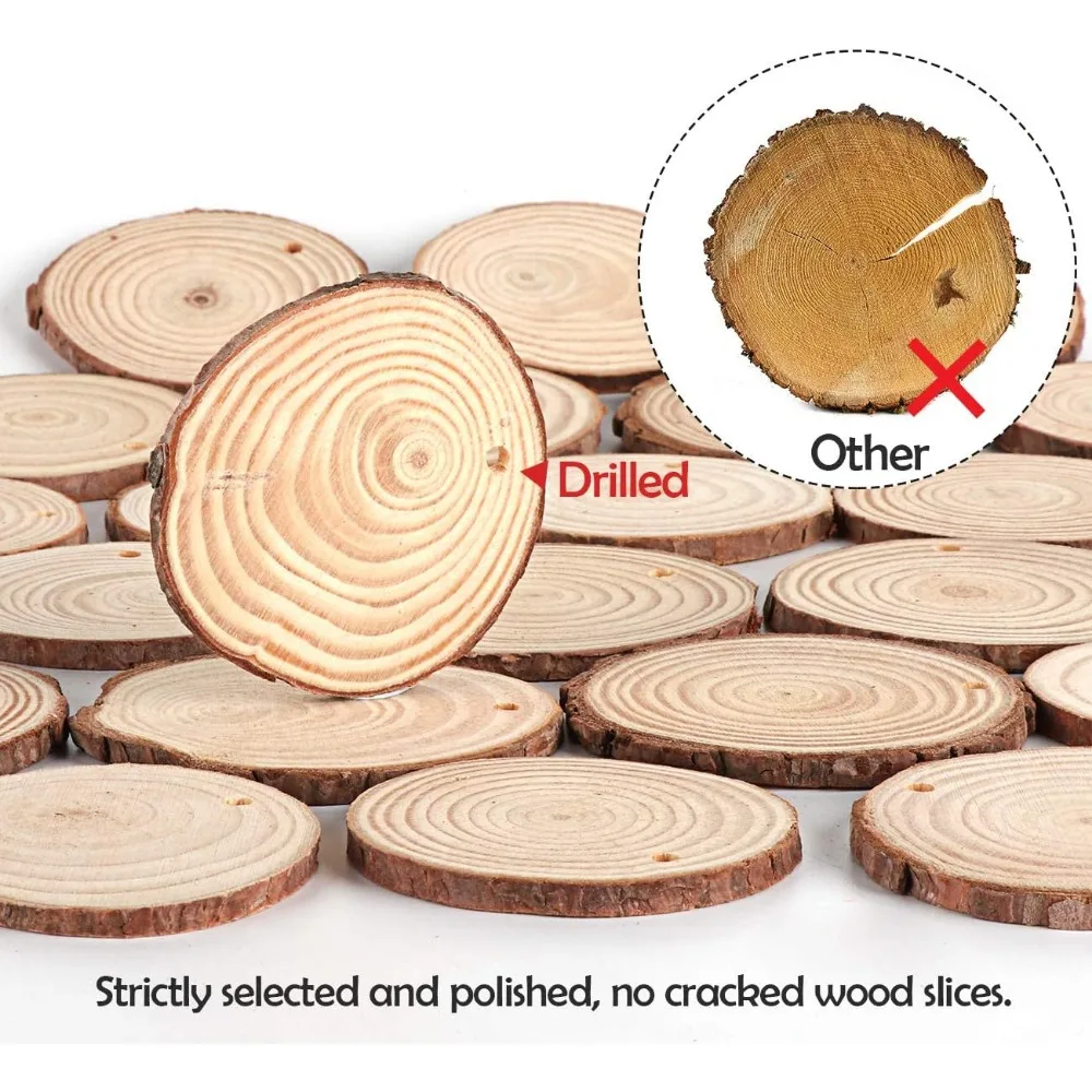 50Pcs Wood Slices 2.4"-2.8" Unfinished Wood Rounds with Pre-drilled Hole and 66Feet Twine String, Natural Wood for Crafts for Ho
