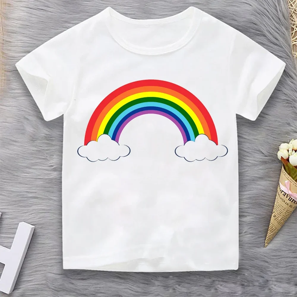 

New Cute Kids Tshirt Rainbow Clouds Print Lovely Child T- Shirts Summer Top Baby Girl T Shirt Children Birthday Clothes Tees