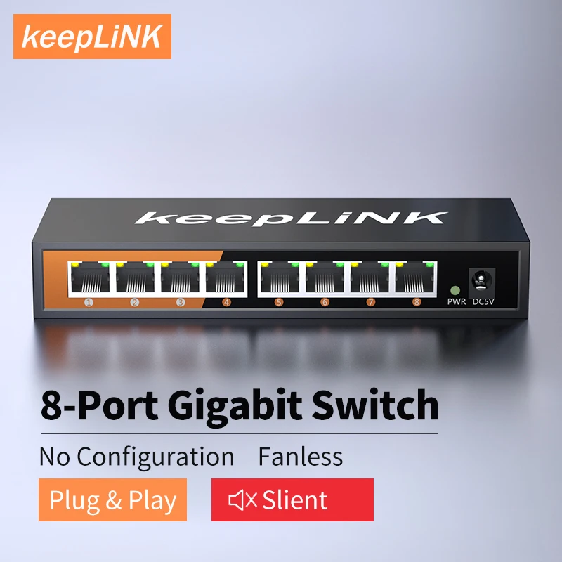 

Металлический безвентиляторный коммутатор KeepLink с 8 портами Gigabit Ethernet