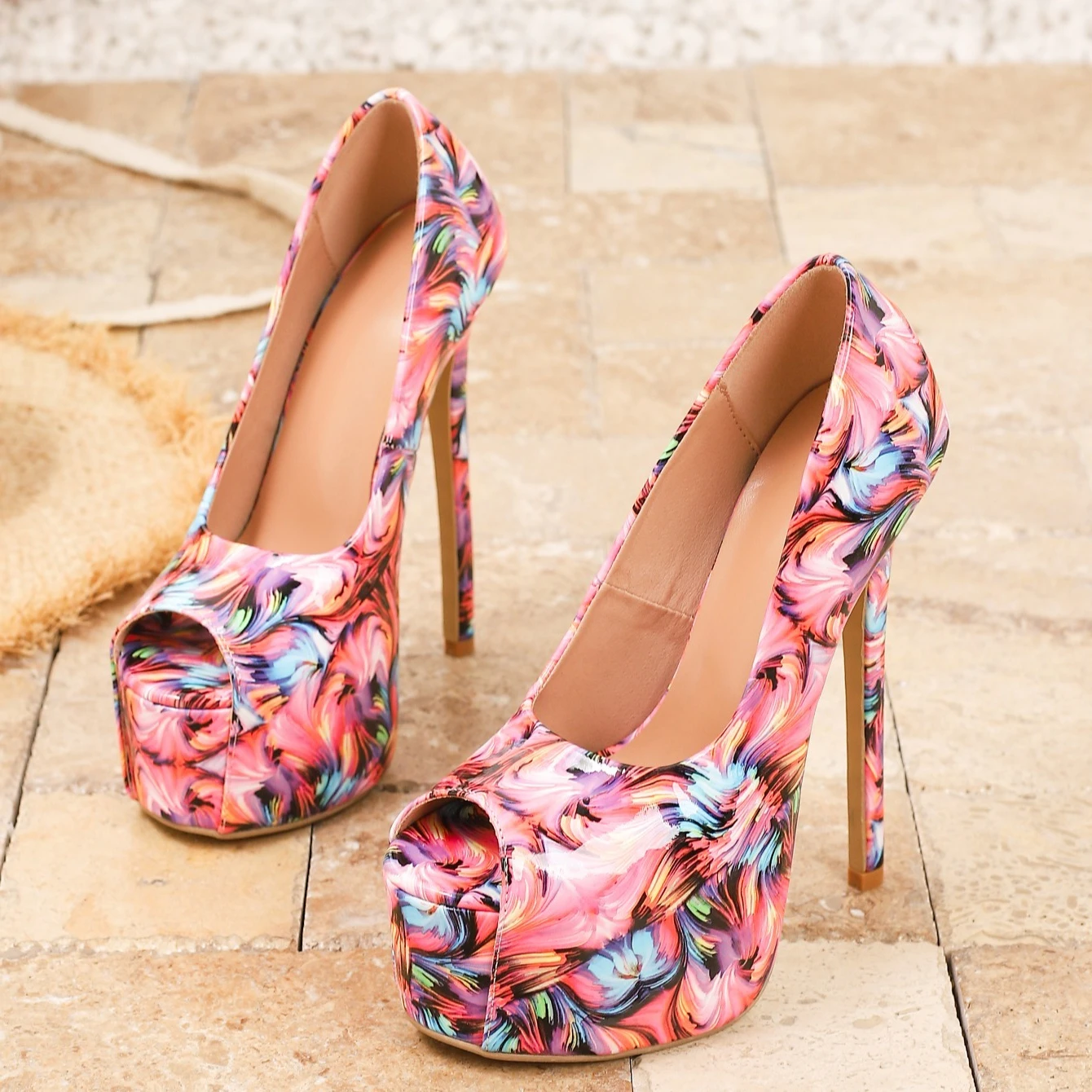 Aneikeh Fashion Fetish Stiletto High Heels Sexy Color Blocking Peep Toe Woman Pumps Nightclub Party Shallow Mouth Single Shoes