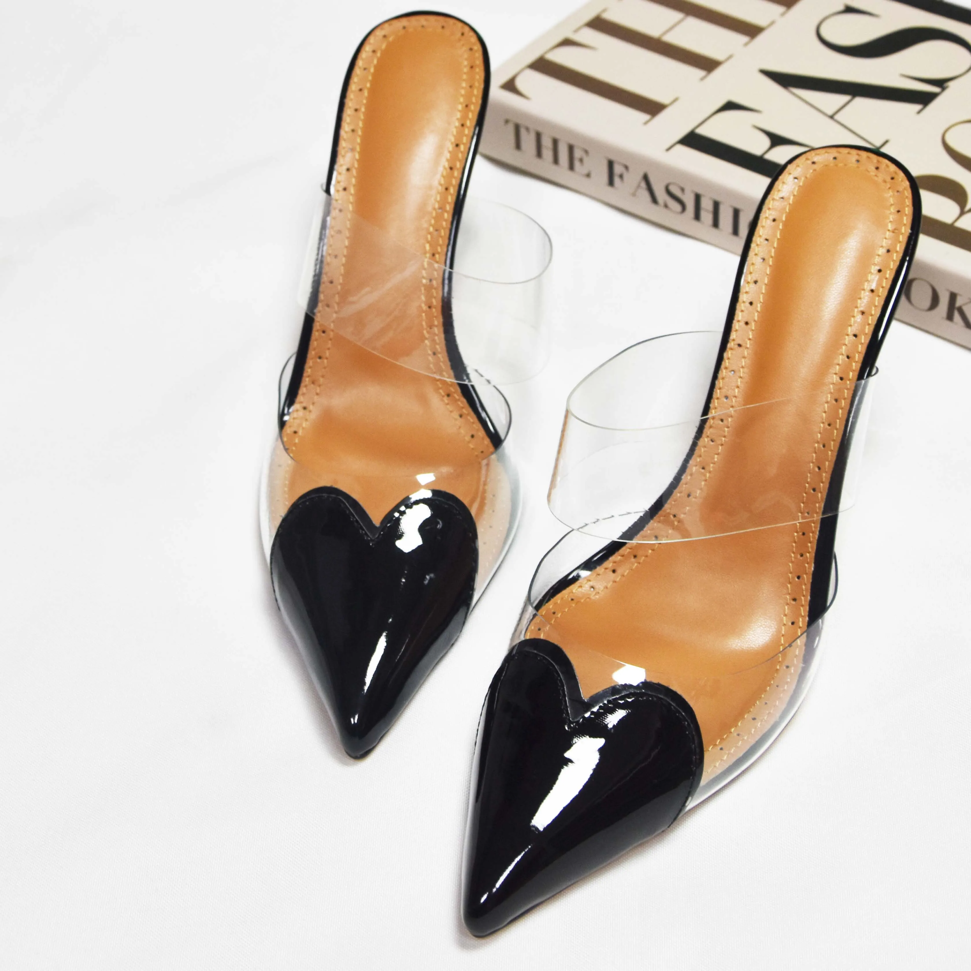 CHMURY Pointed Toe Heart High Heels Mules Slipper Shoes for Women 2024 Black White Red Shoes Luxury Designer Pumps