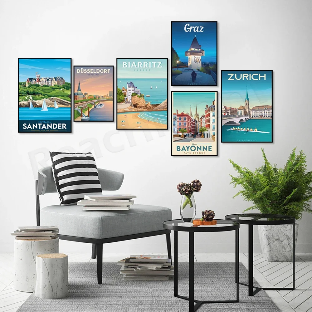 Travel poster for Graz Austria, Germany, Moscow, Budapest, Croatia, Biarritz France, Iceland, Santander Cantabria, Slovenia