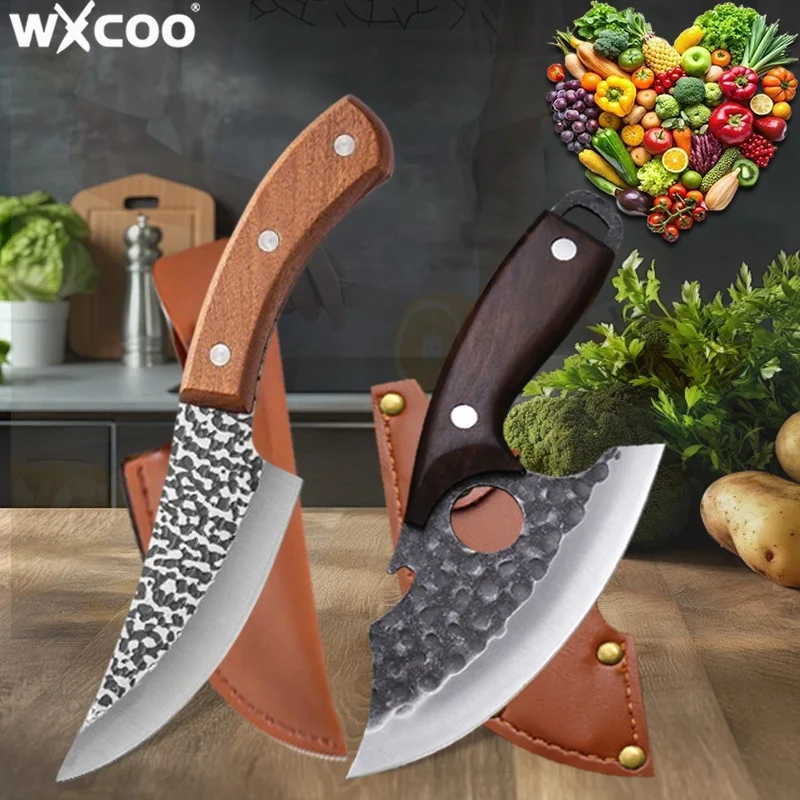 WXCOO Hand Forged Multifunctional Boning Knife Kitchen Knife Pig Skinning Butcher Cleaver Knife Bottle Opener Wooden Handle