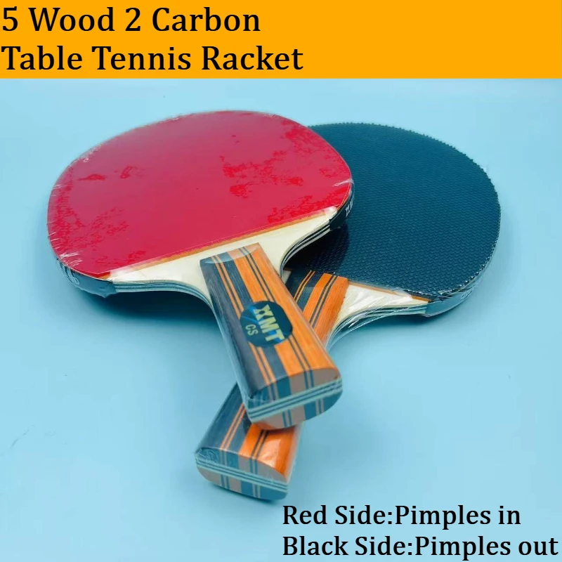 Professional 5 Wood 2 Carbon Table Tennis Racket | Red Inverted&Black Pips-out Rubber | Long Handle Bat for Chopping & Attacking