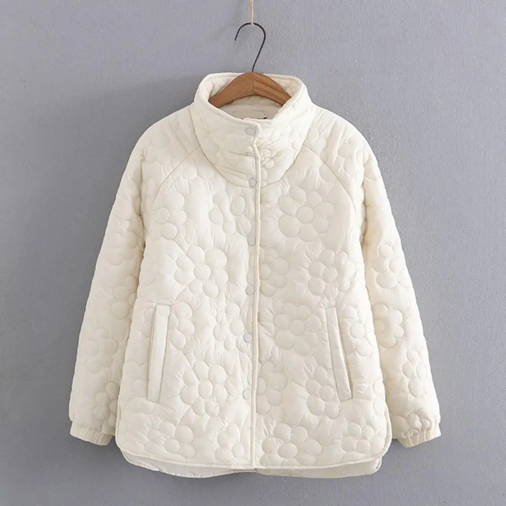 

Women Jacket with Stand Collar Button Placket Flower Pattern Cotton Coat Windproof Warm Thicken Casual Loose Overcoat