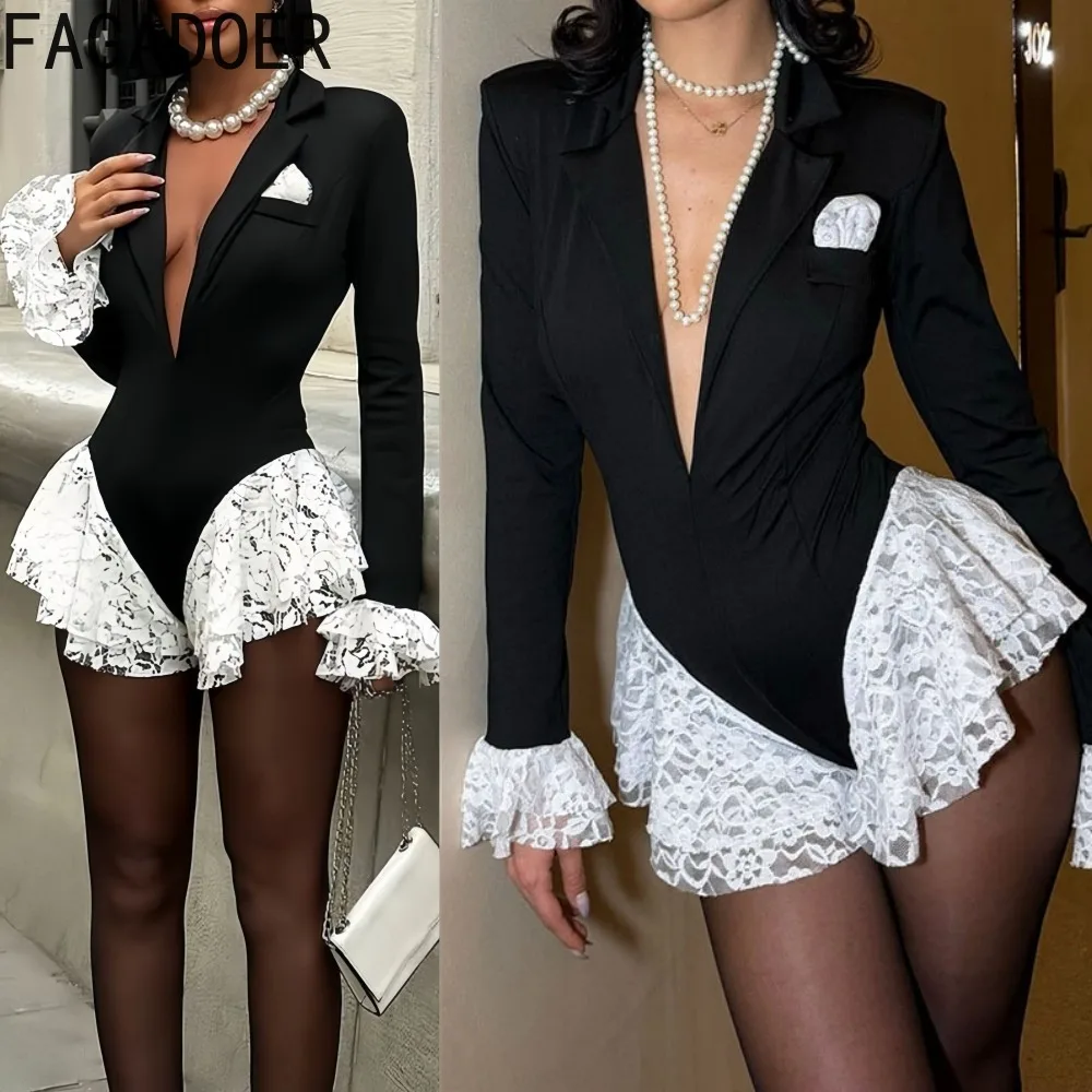 

FAGADOER сексуальные кружевные лоскутные облегающие комбинезоны женские однотонные боди с глубоким v-образным вырезом и расклешенными рукавами женские уличные комбинезоны