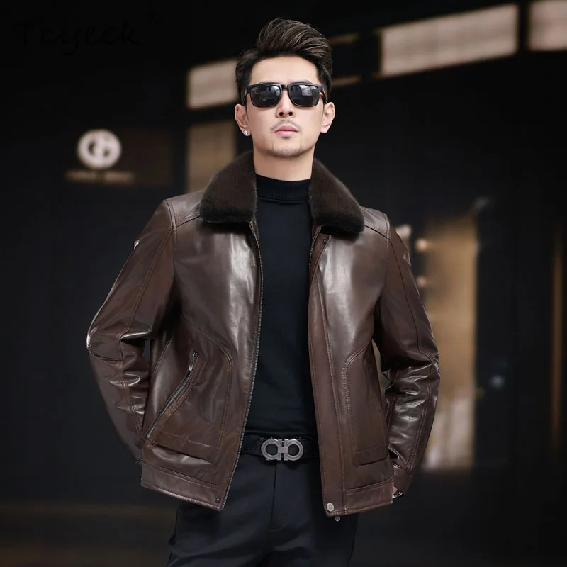 

Tcyeek Мужская куртка из натуральной козьей кожи, теплая шуба из натурального норкового меха, зимняя одежда, 2025 г., повседневные мужские пальто Куртка Мужская