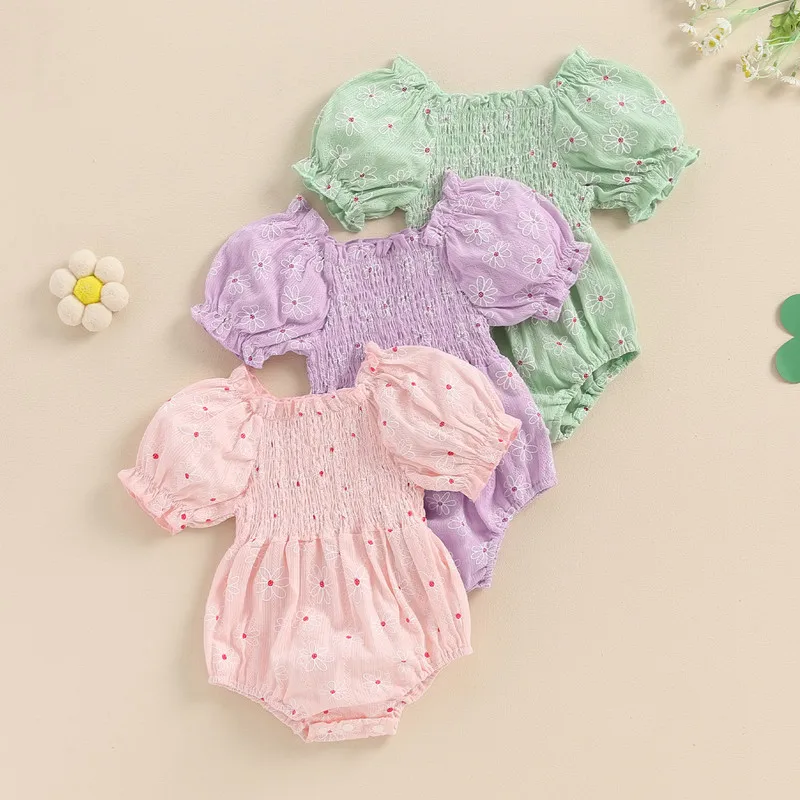 

Baby Girl Romper Casual Short Puff Sleeve Floral Print Smocked Bodysuit Newborn Playsuit