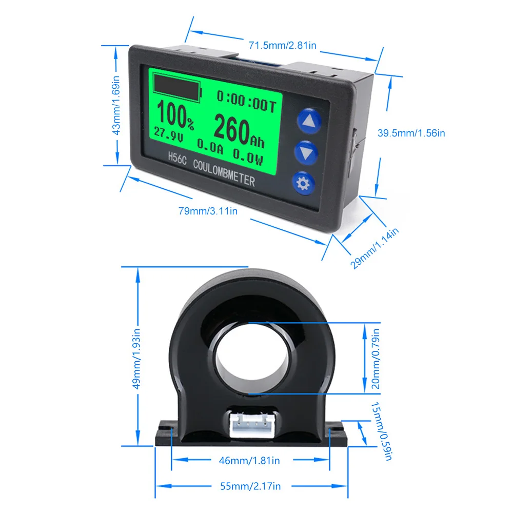 Battery Monitor Hall Sensor Coulomb Tester DC9~100V 50A-300A Voltmeter Ammeter Battery Capacity Coulometer 12V 24V 36V 48V 60V