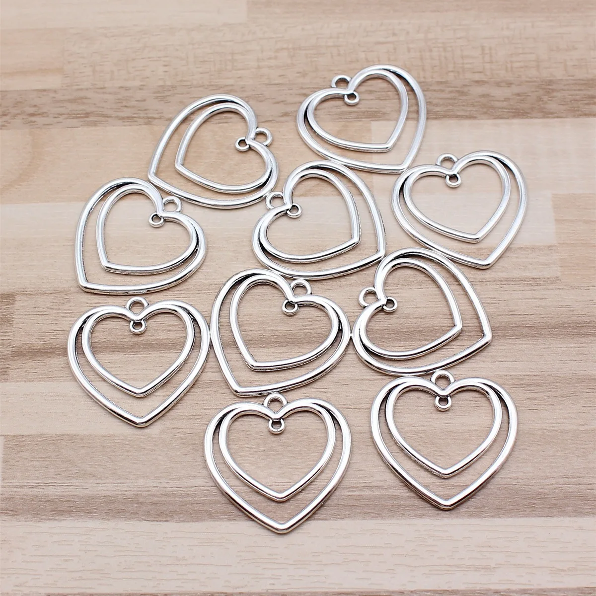 IFOCUS 10pcs/Lot Double Hearts Connector Charms For DIY Jewelry Making Zinc Alloy 25x25mm/0.98x0.98inch