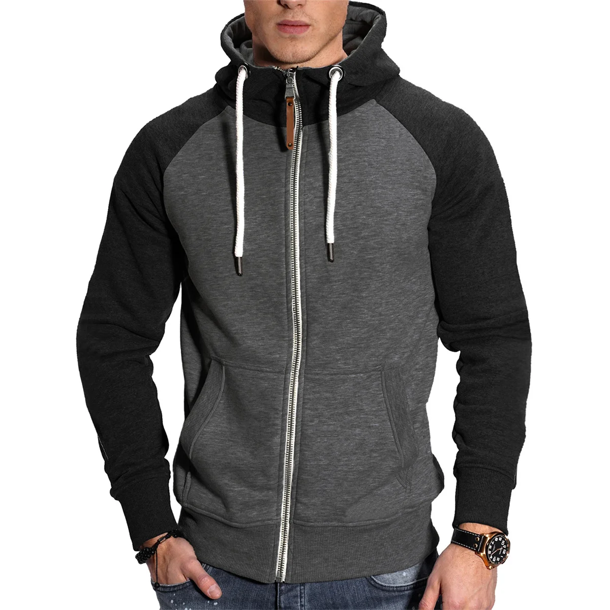 Sudadera con capucha de manga de hombro de empalme informal para hombre, deportes de Fitness de moda de invierno, engrosada, recta