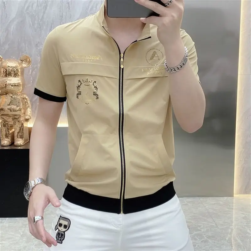 

Men's Clothing New Stand Collar Loose Casual Temperament Solid Short Sleeve Premium Spring Summer Thin Fashionable Zipper Shirts