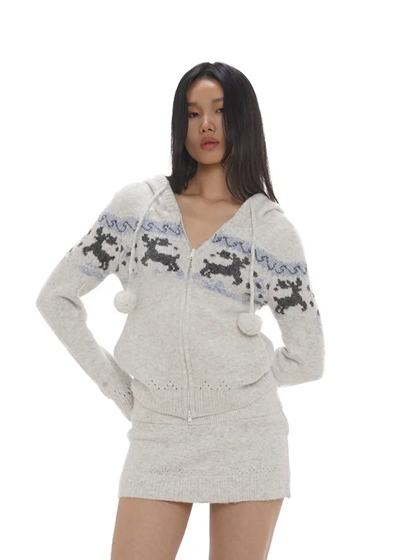 

Nordic Style Deer Pattern Knitted Short Open Cardigan with Hat Festive Atmosphere Yarn Weaving Half Skirt Fashionable Winter ...