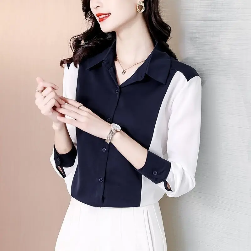 Contrast Patchwork Office Blouse Spring New Polo Neck Long Sleeve Chiffon Loose Casual Shirt Tops Elegant Fashion Women Clothing