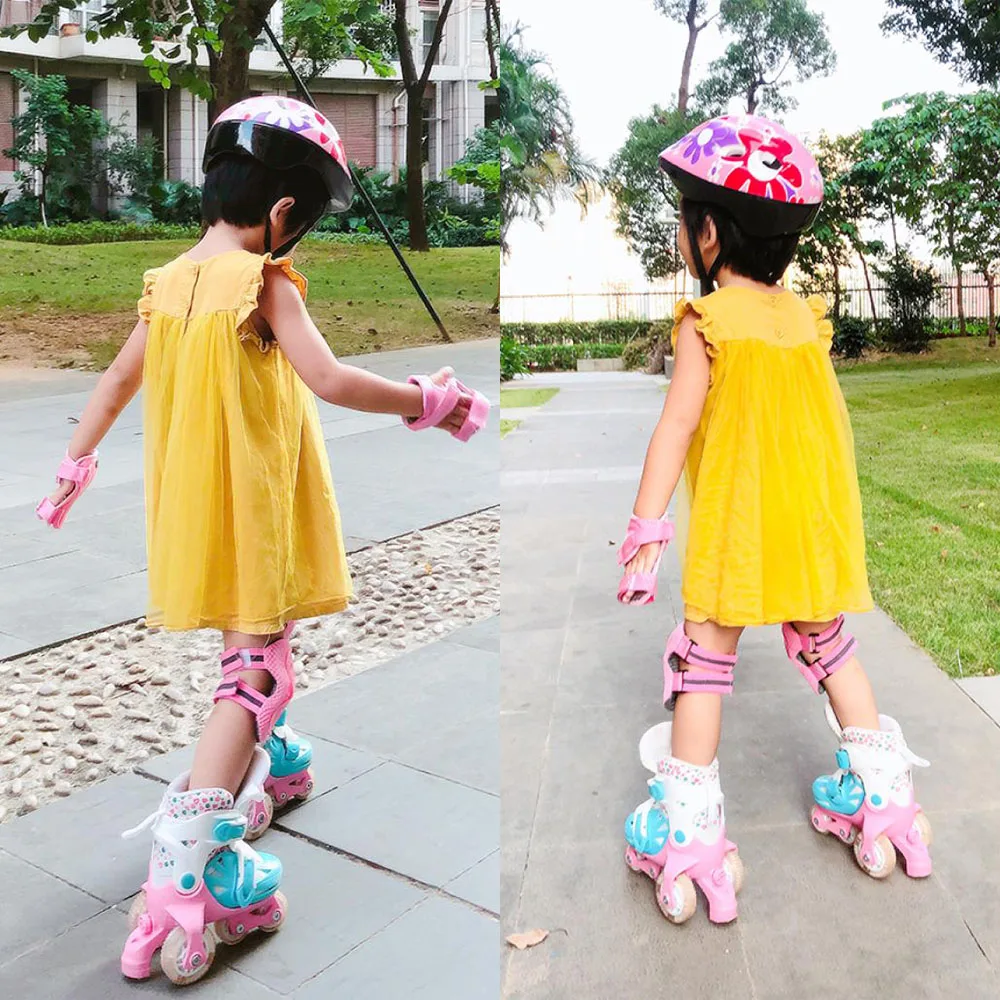 Kids Flashing Roller Skating Children Boys Girls Beginner Adjustable 4 Wheels Inline Skates Shoes With Helmet Knee Elbow Pad Set