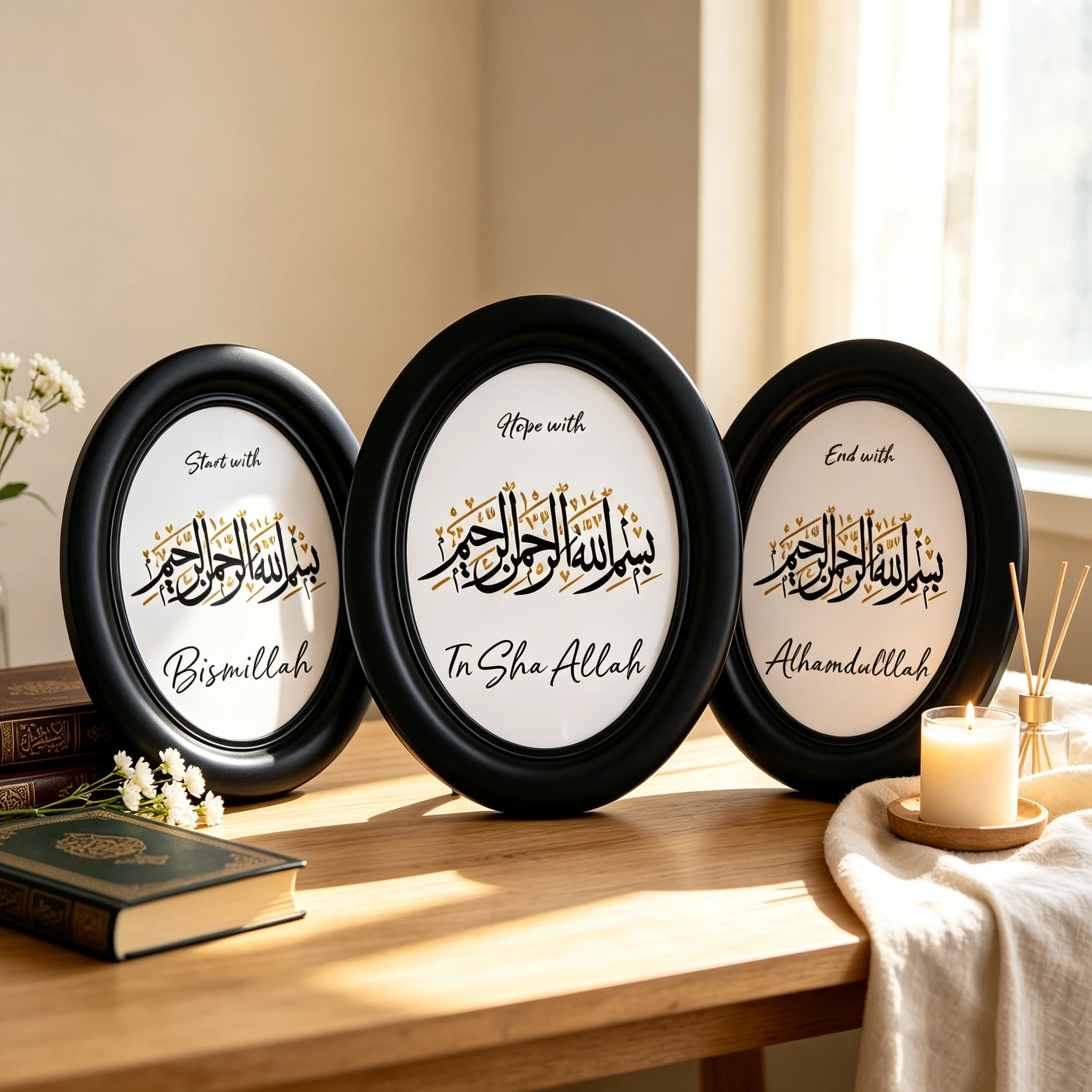 Alhamdulillah Allahu Islamic Calligraphy Wooden Elliptical Photo Frame, Perfect for Home & Holiday Decoration, Great Gift Choice