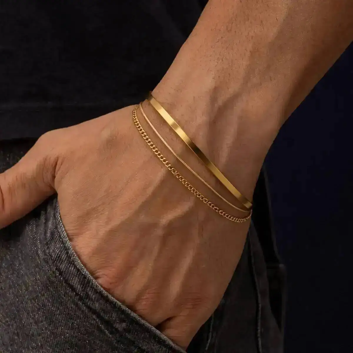 IngeSight.Z Classic Retro Gold Color Stainless Steel Delicate Snake Bone Chain Bracelet Bangle For Men Fashion Simple Jewelry