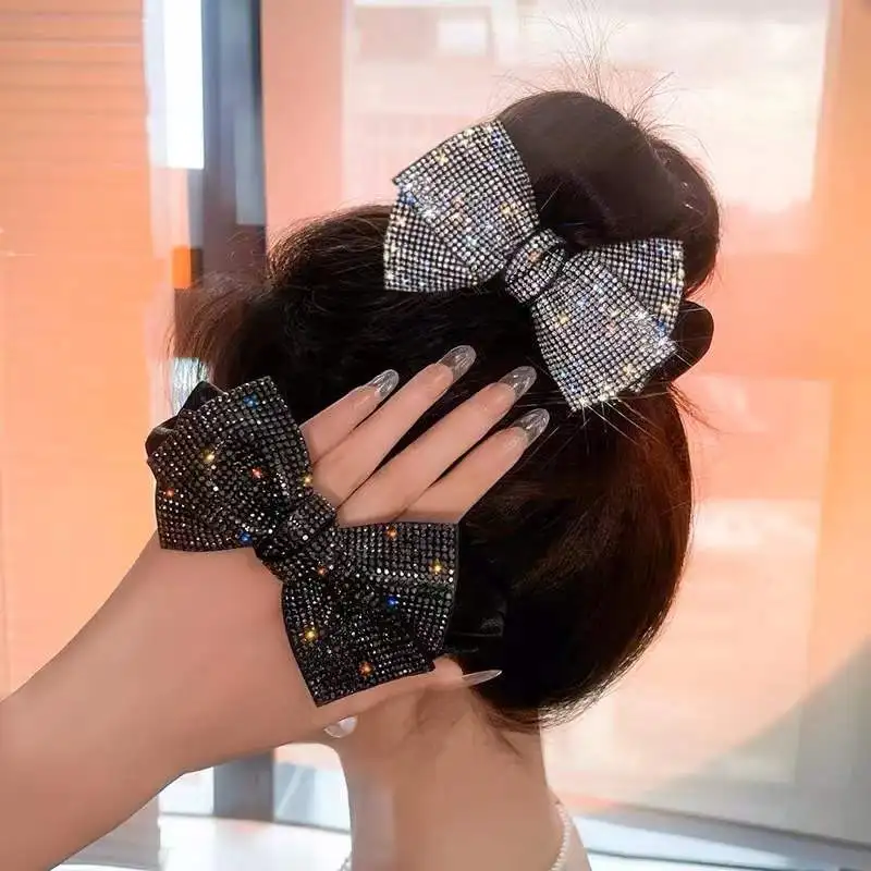 New Retro Bling Crystal Rhinestone Bow Scrunchie Hair Ties for Women Girls Hair Bands Jewelry Hair Accessories Pleated Headband