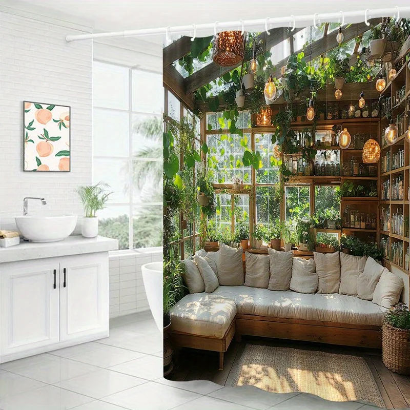 1pc Cozy Greenhouse Shower Curtain - Rustic Nature-Inspired Design with Sunlit Space, Cream Sofa, Lush Plants & Hanging Baskets