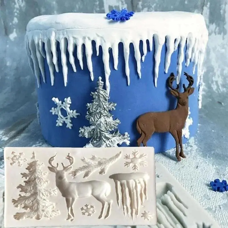 New Christmas Themed Silicone Mold Tree Reindeer Snowflake Icicle Pattern DIY Fondant Cake Chocolate Resin Clay Baking Supplies