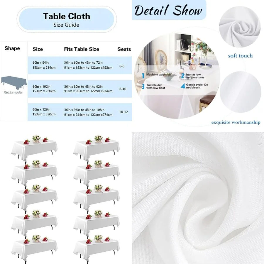 

10 Pack Table Cloth Rectangle Table x 102 Tablecloths for 6 Feet Rectangle Tables. Stain and Winkle Resistant Polyester Washabl