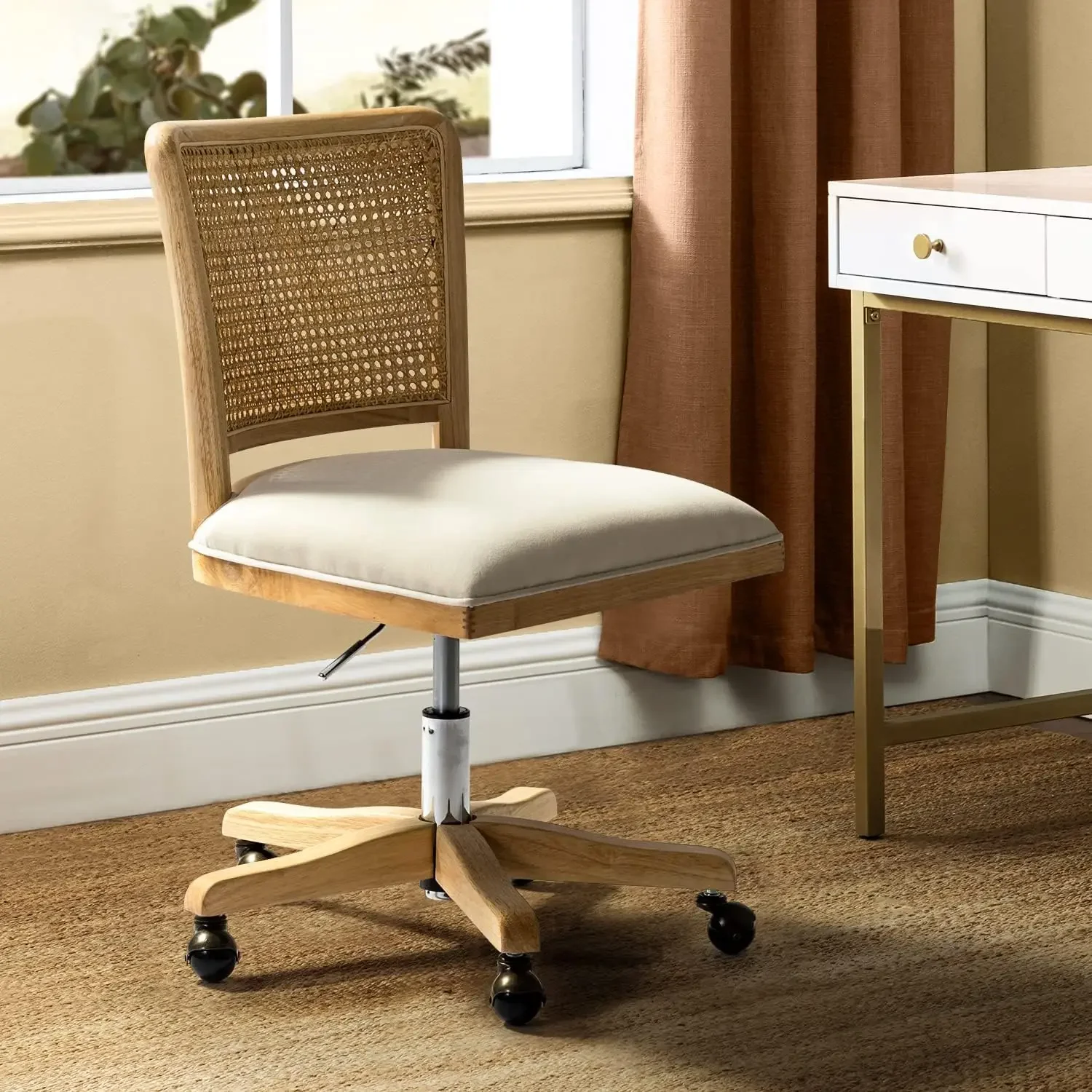 

Office Chair Comfortable Upholstered Armless Desk Chair, Adjustable Swivel Rolling Computer Chair with Rattan Mid-Back Support,
