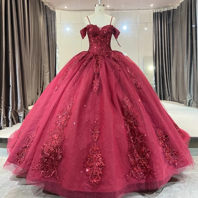 

Red Quinceanera Dresses Sweet 16 Dress Ball Lace Up Applique Beaded Off Shoulder Vestidos 15 Anos Sweetheart Party Gown