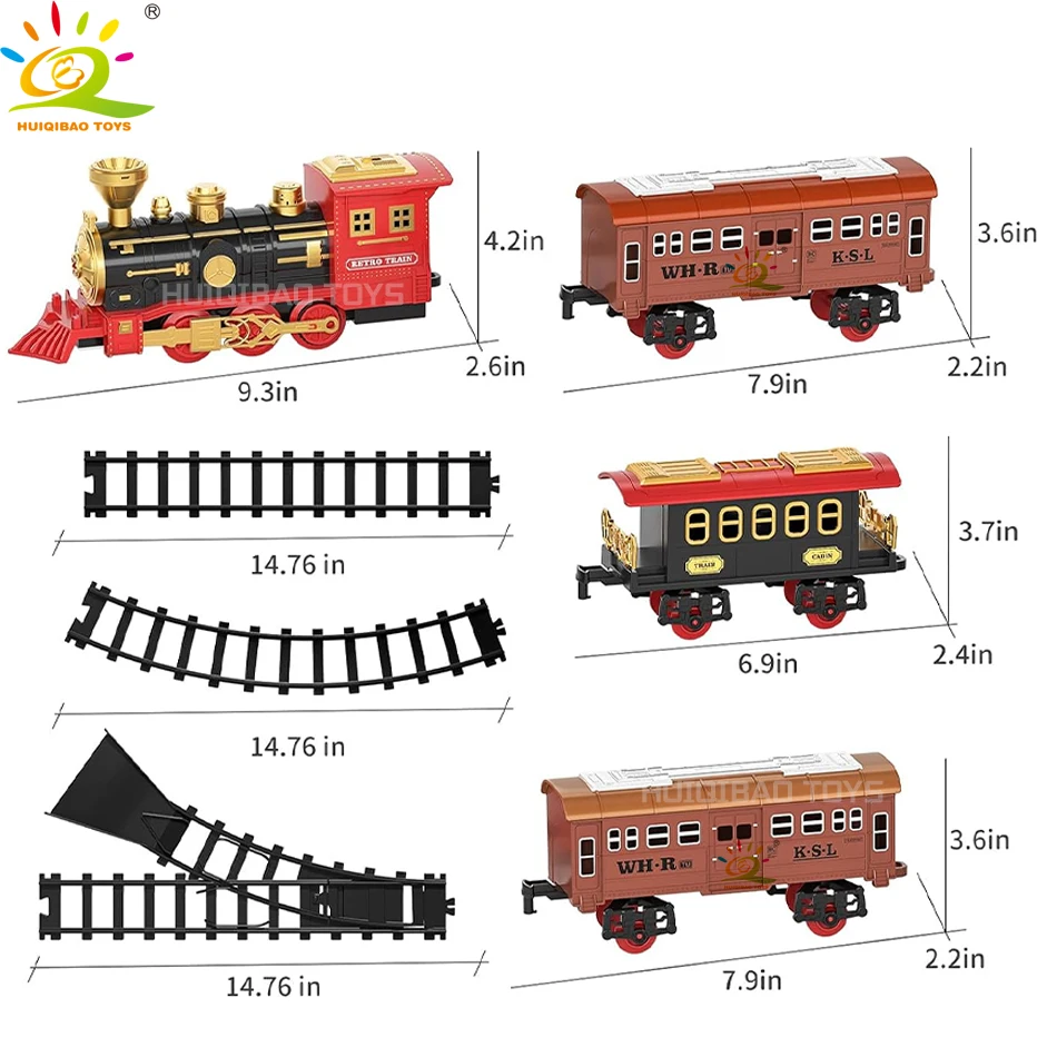 HUIQIBAO Weihnachten Elektrische Zug Spielzeug Set Retro Klassische Lokomotive Motor Fracht Auto Lange Spur Spielzeug Mit Licht und Geräusche Rauch