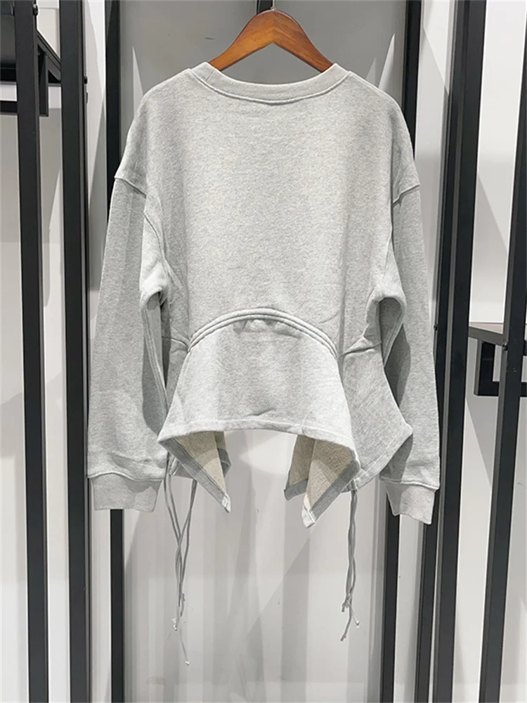 Grey Terry Sweatshirt Women Round Neck Long Sleeve Drawstring Waist Design Fluffy Edge Pullover Top for Ladies Early Autumn