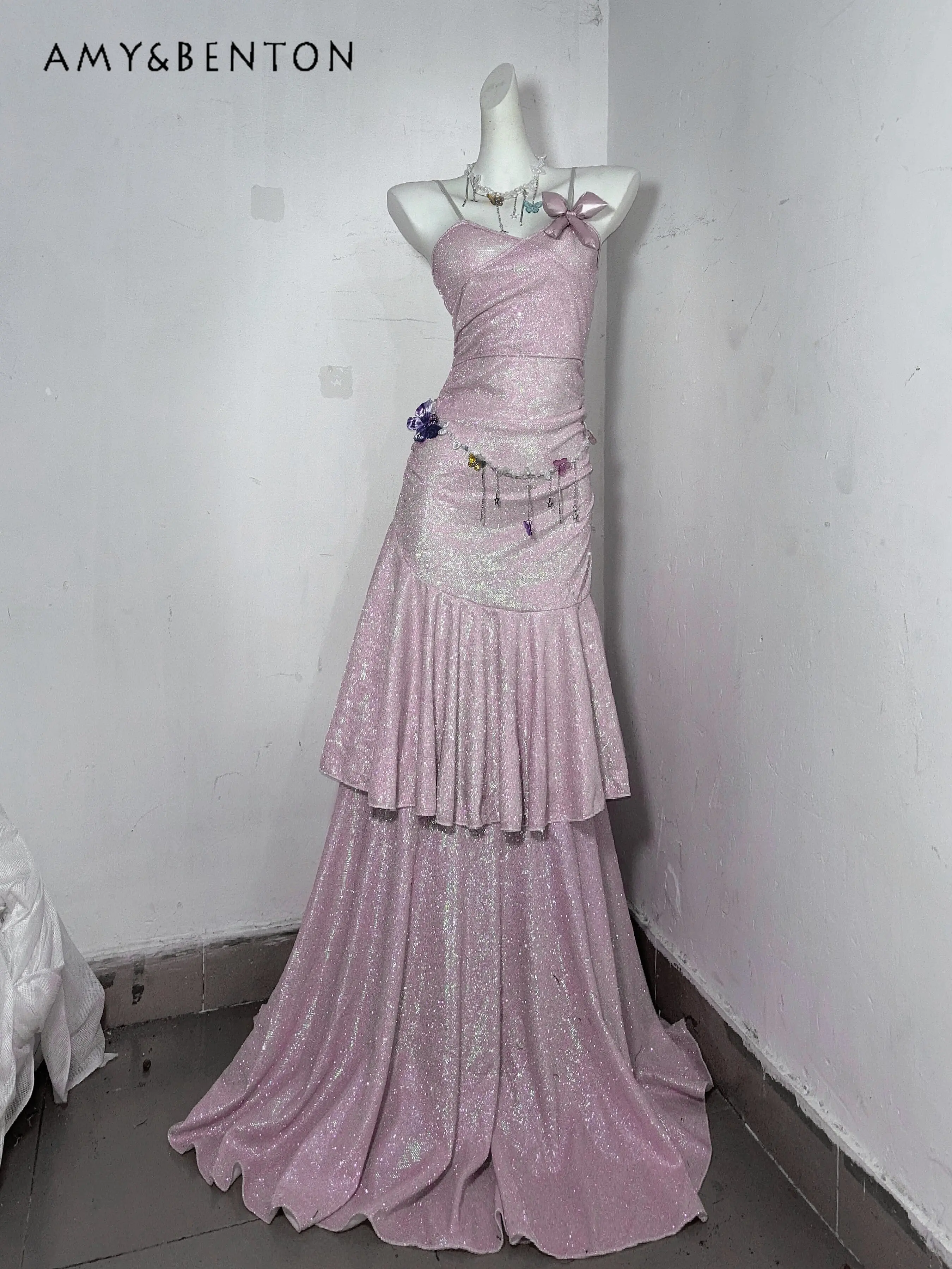 

Shiny Pink Strap Mermaid Evening Dress with 3D Floral Layered Ruffle Floor Length Trailing Princess Party Gown for Women