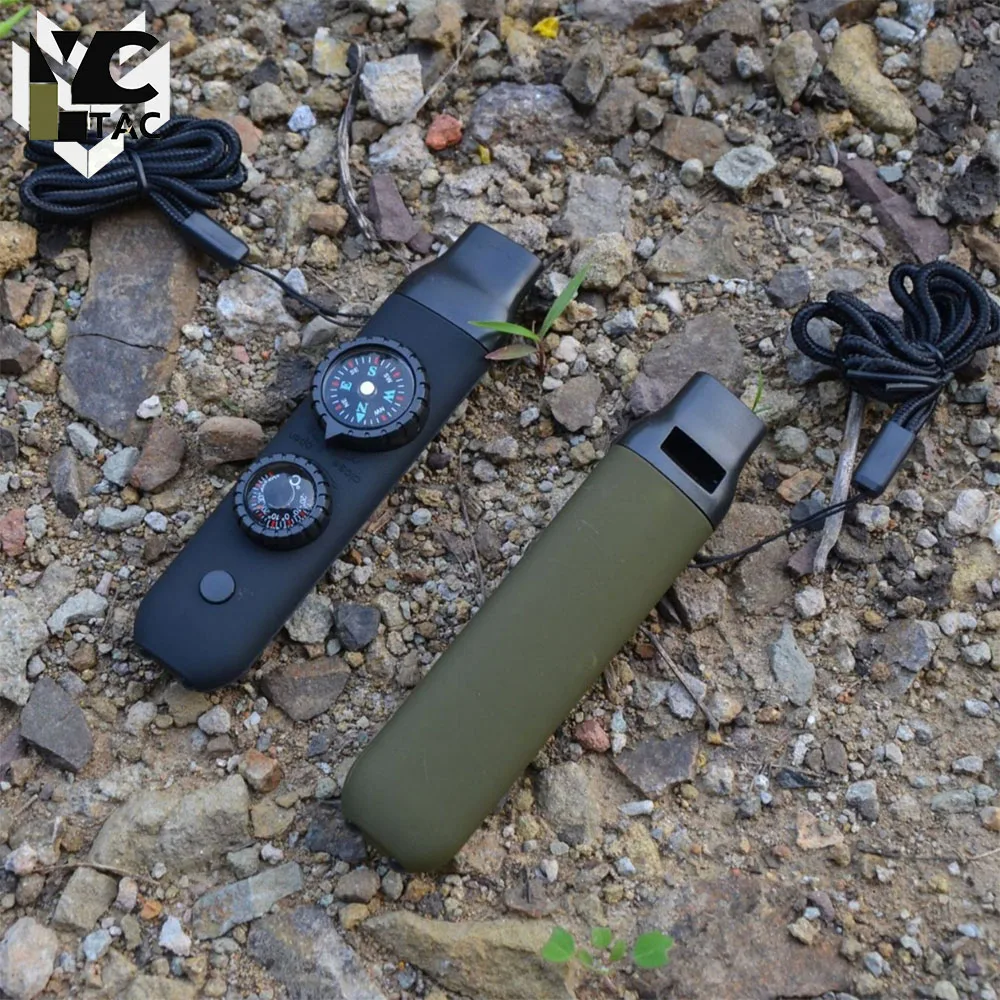 YCTAC 7-in-1 Multi-Function Tactical Whistle LED Light Thermometer Compass Survival Emergency Rescue Hiking Camping Hunting Gear