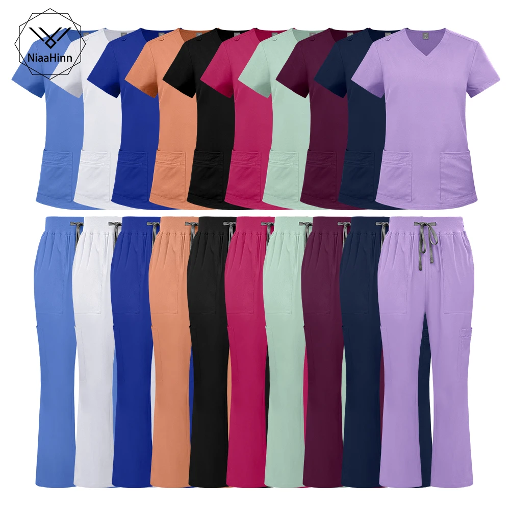 Hospital Uniform Stretch Nursing Scrub Suit V-Neck Medical Scrub Top Pants Sets Pet Shop Doctor Scrubs Medical Surgery Work Wear