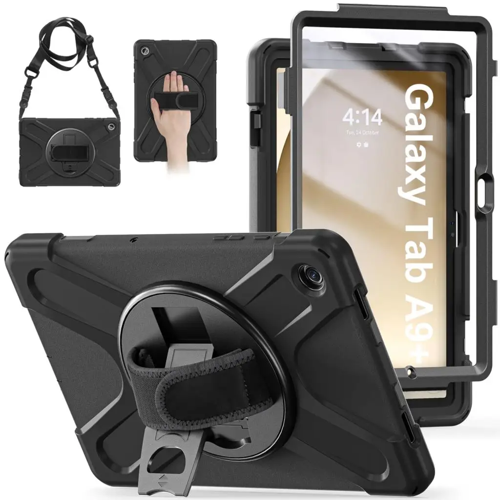 360 Rotating Case For Samsung Galaxy Tab A9 SM-X110 X115 X117 A9 Plus X210 X216 X218 3 Layer Protect Cover Hand Shoulder Strap