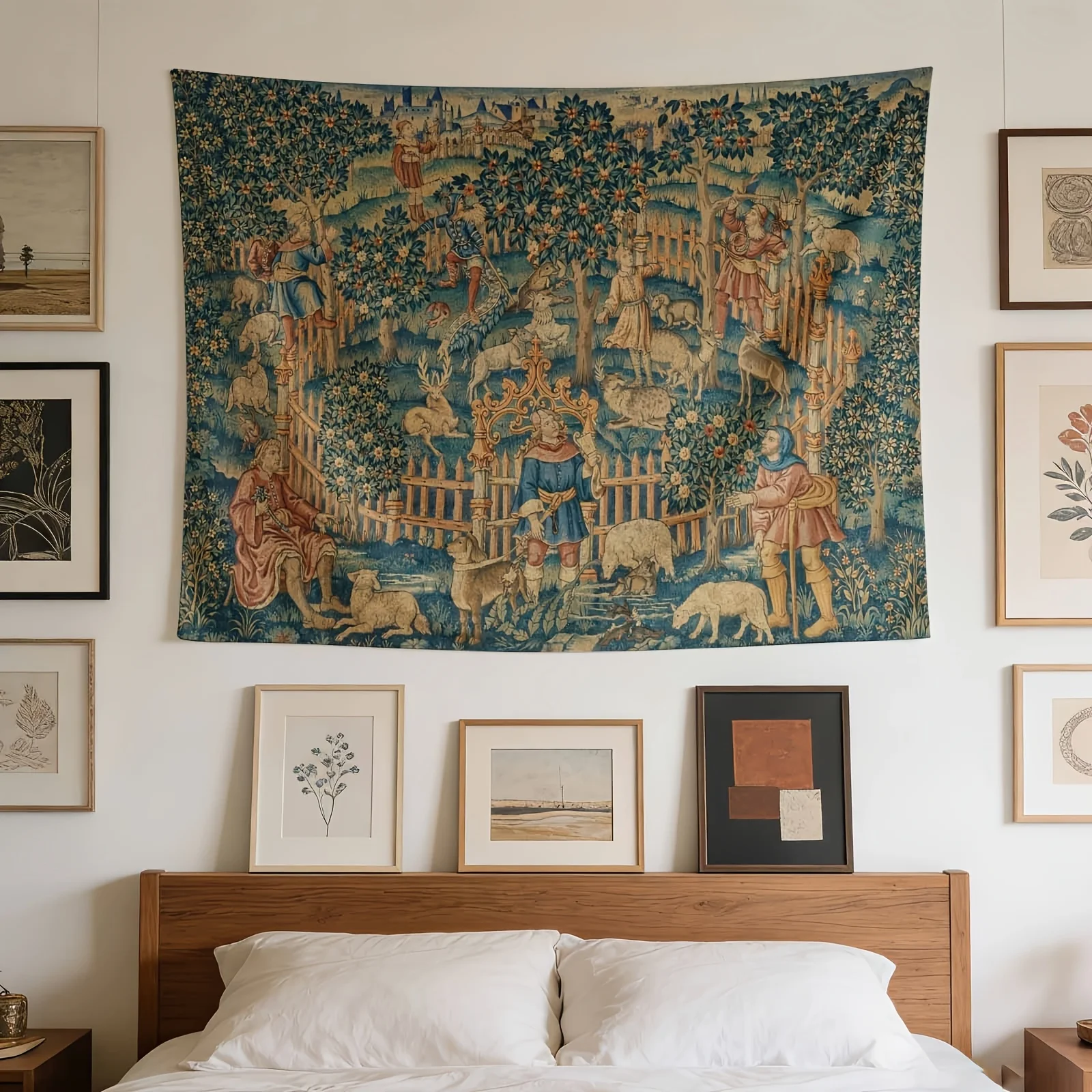 Medieval Tapestry Wall Hanging - Royal Figures & Forest Castle Scene with Knights, Horizontal Wall Decor Suitable for, Dorm