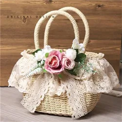 Sweet Cute Women Lolita Handbag Woven Straw Handmade Lace Flower Lady Soft Girl Pastoral Style Beach Bag Lolita Accessories