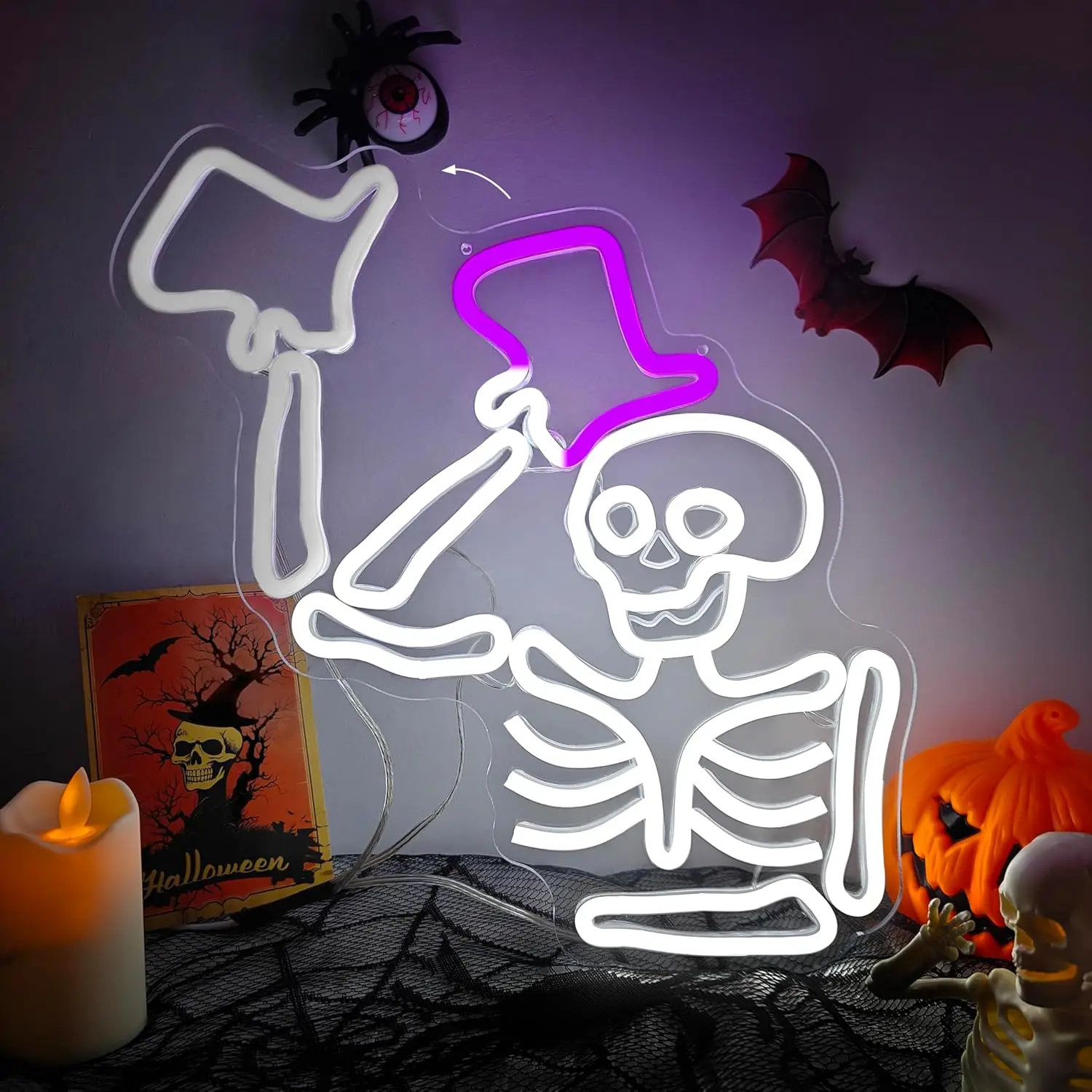

Halloween Skull Elegantly Tips His Hat Neon Light for Wall Decor Halloween Window Dimmable Led Skeleton Light Up Sign for Party