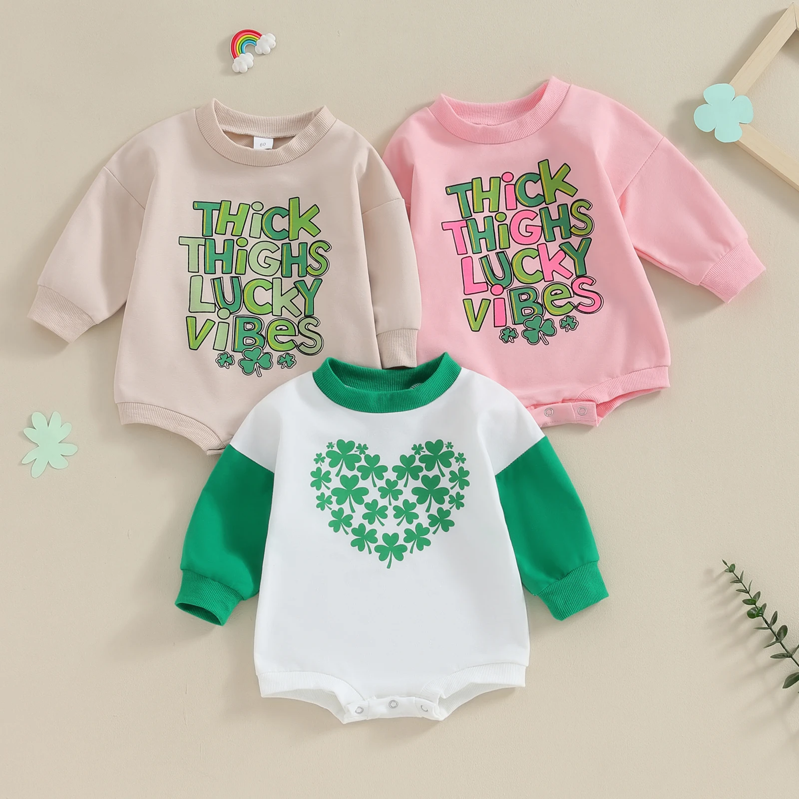 

Baby Sweatshirt Romper Spring Long Sleeve Round Neck Shamrock Print Bodysuit Newborn Baby Playsuit St. Patrick 's Day Outfit