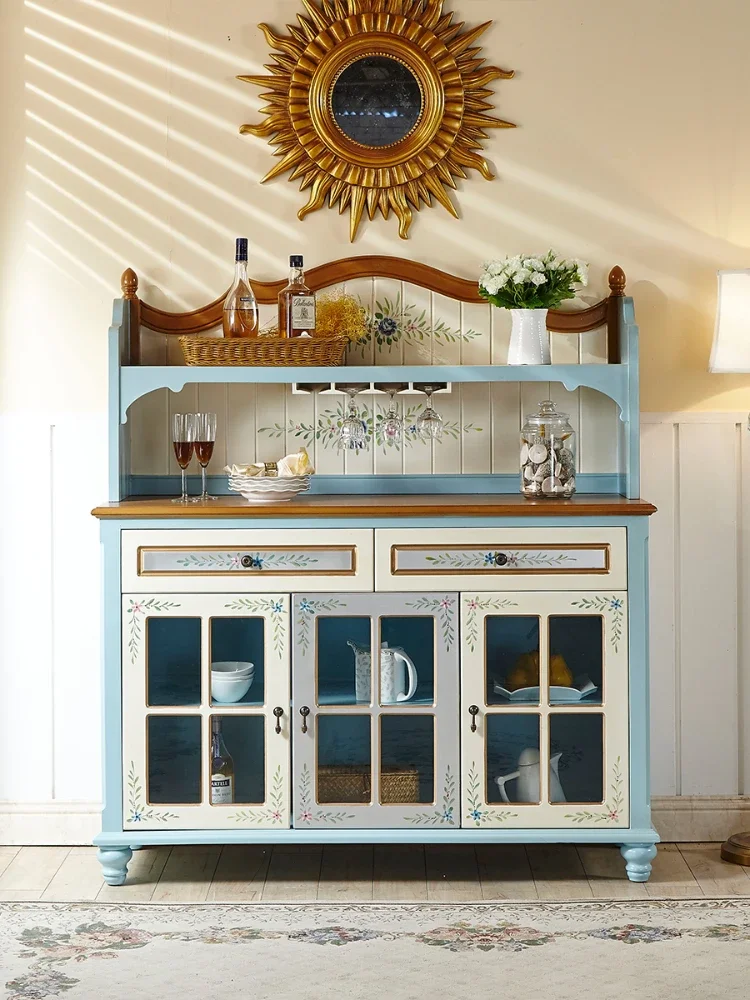 Wine cabinet, three door restaurant, blue large capacity side panel cabinet, pastoral style, multi-functional storage cabinet