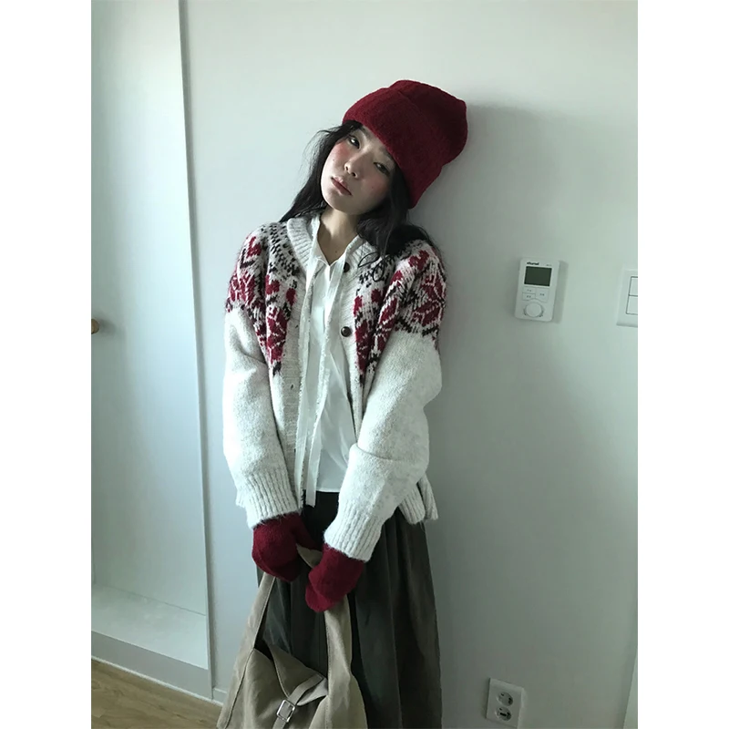 MEXZT-cárdigan de punto con estampado Vintage para mujer, suéter de manga larga Harajuku, prendas de vestir exteriores, prendas de punto holgadas coreanas, jerséis de Otoño Invierno