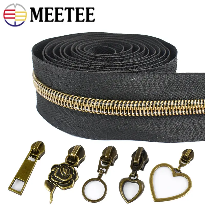 

3/5/10Meters 5# Plastic Nylon Zipper Tapes & Bronze Zippers Puller Bag Clothes Pocket Decor Zips Repair Kit Sewing Accessories