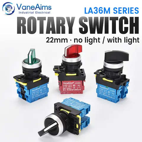 22mm LA36M 로터리 스위치(LED 조명 포함) 12V 24V 220V 손잡이 선택기 2 위치 3 위치 시작 정지 스위치 켜기 끄기 VaneAims