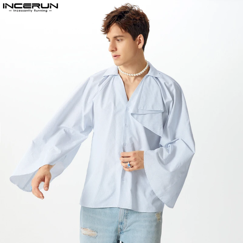 Men Casual Stripe Stitching Tops INCERUN Flared Long Sleeve V-neck Cloth SplicIing Sense Of Design Shirts Elegant Vintage Blouse