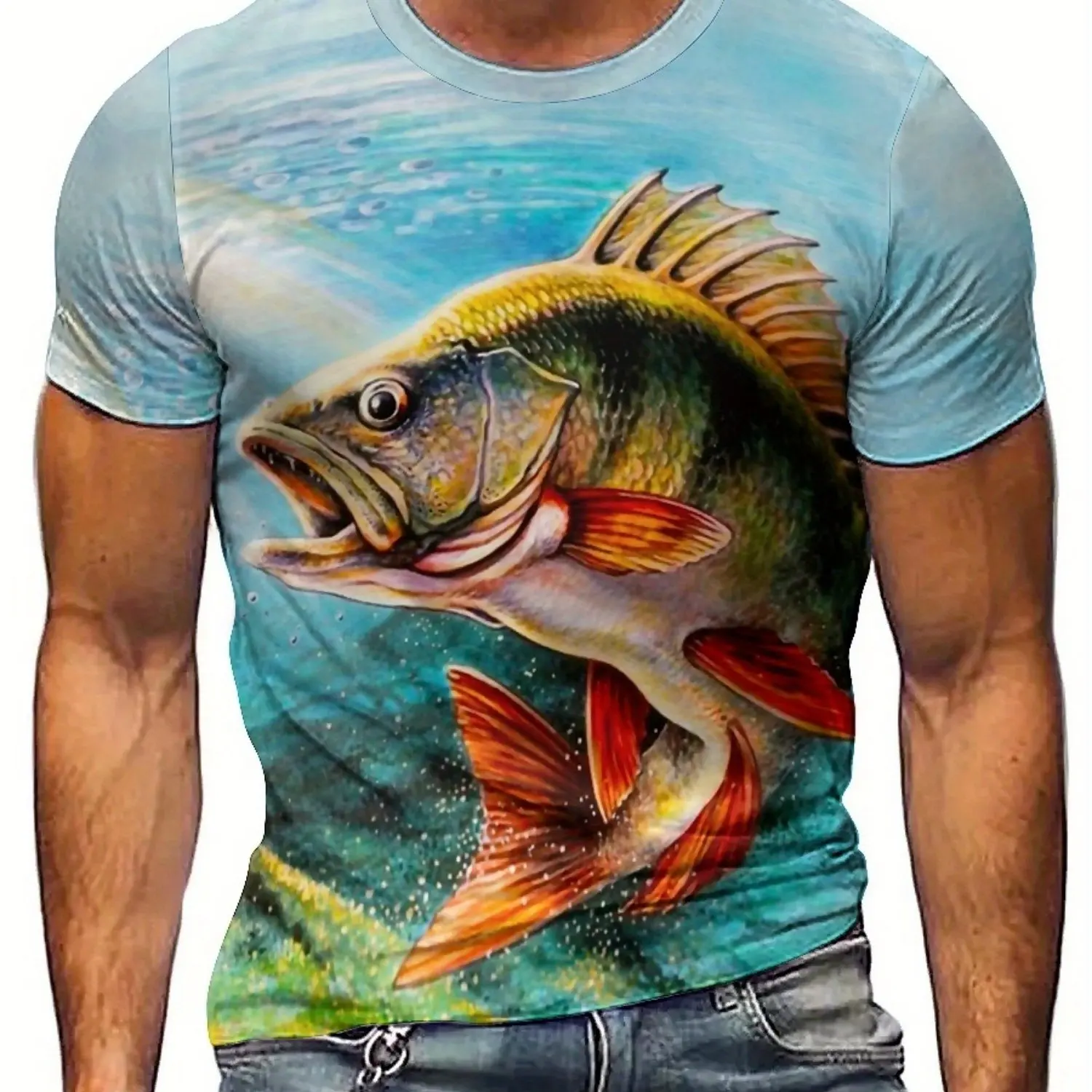 تي شيرت رجالي بطبعة سمكة ثلاثية الأبعاد - بوليستر ناعم، كم قصير، رقبة دائرية، تصميم صياد أزرق ملون