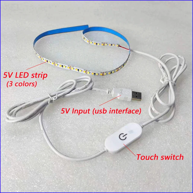 DC5V USB Interface Touch Switch Dimming Controller With 19cm 38cm 57cm 3W 5W 7W LED Strip 3Colors 8mm Width 3000K+6500k